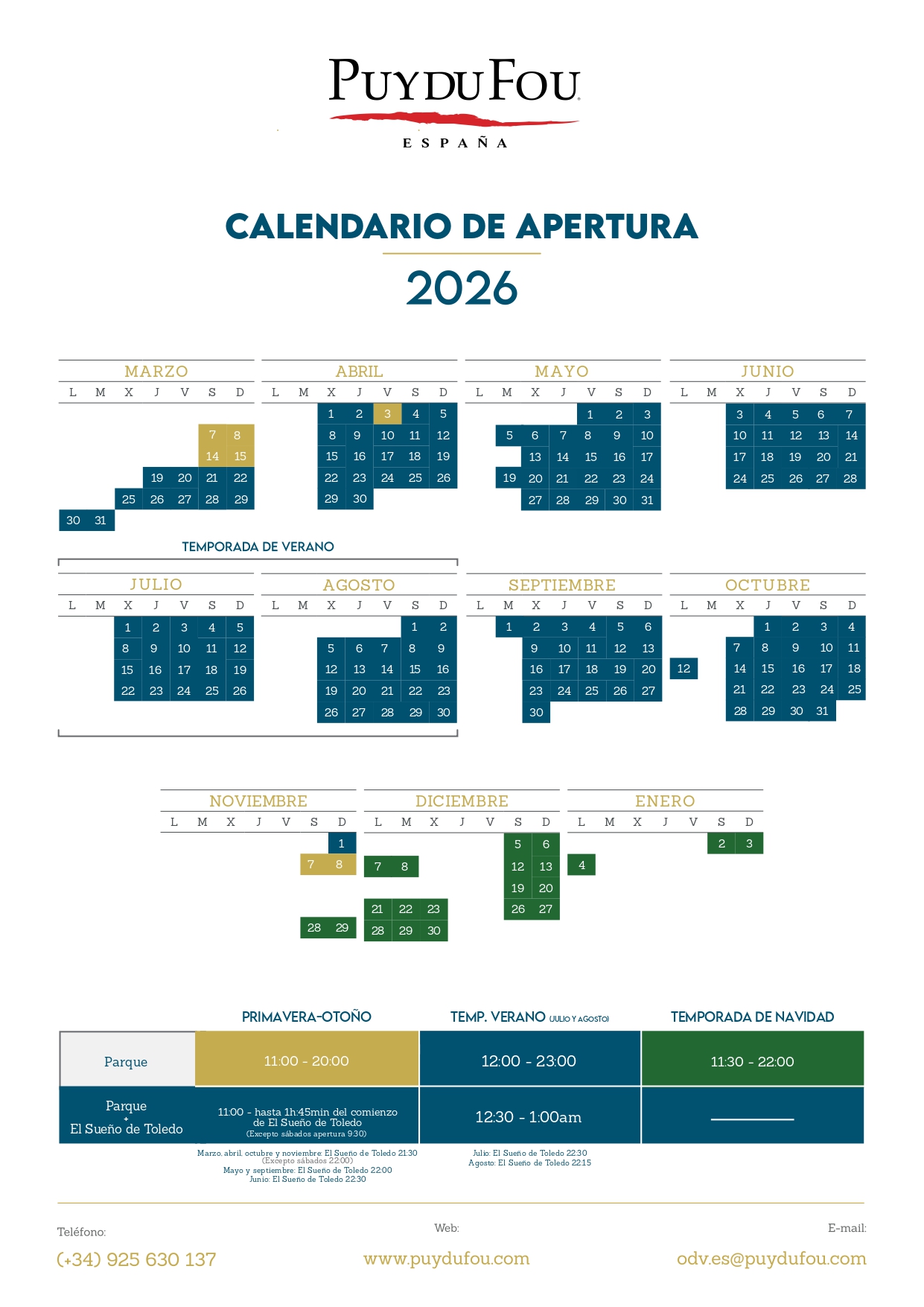 CALENDARIO Puy Du Fou 2025-2026